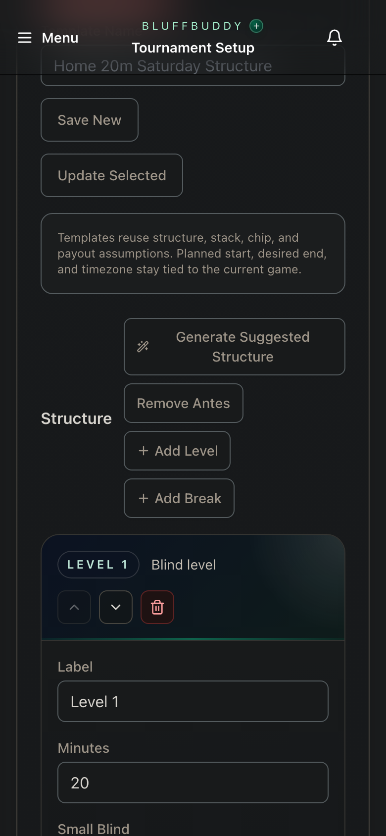 Mobile tournament setup structure editor with generate suggested structure, add level, add break, and blind level fields.