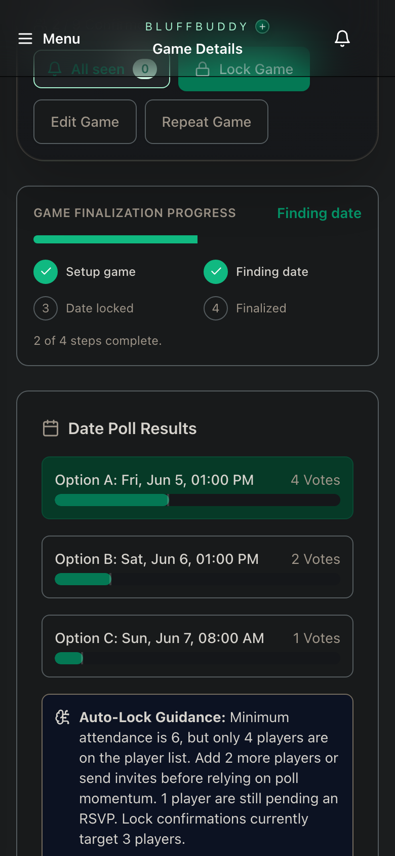 Mobile game details page showing finalization progress and date poll result bars.