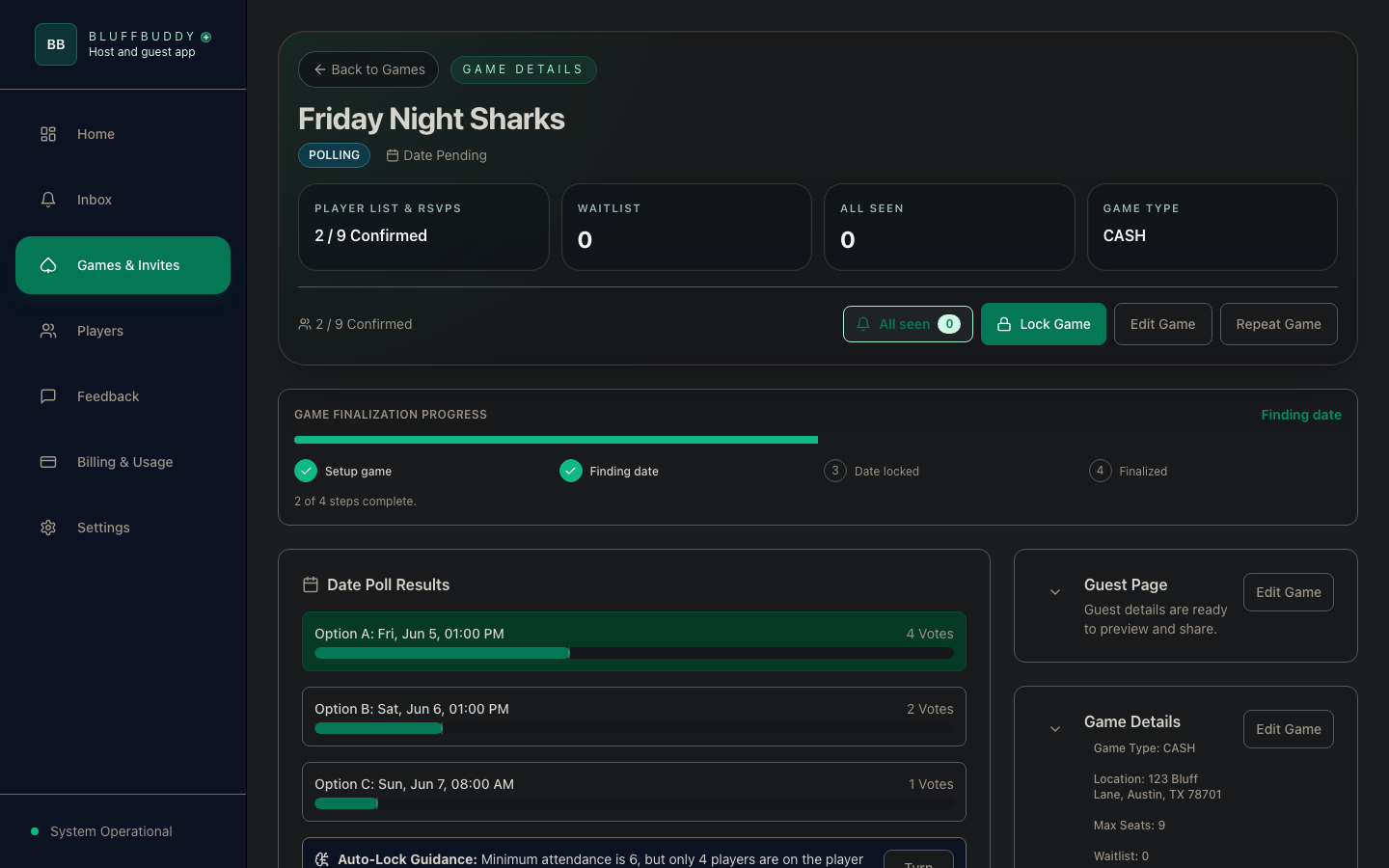 Organizer game details page with game status, finalization progress, date poll results, guest page, and game details panels.