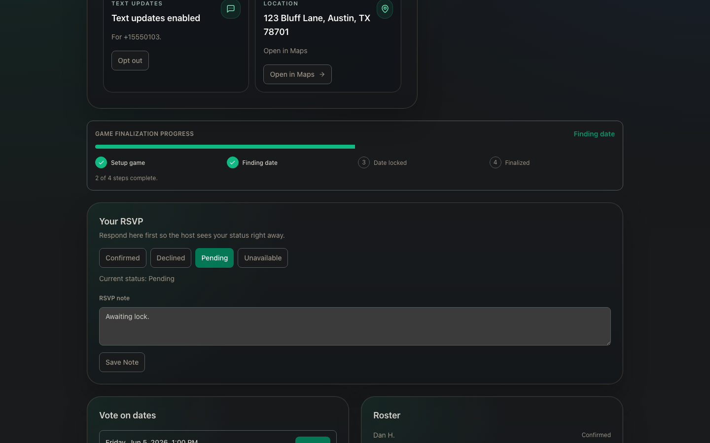 Guest portal RSVP section with response buttons, note field, finalization progress, date voting, and roster panels.