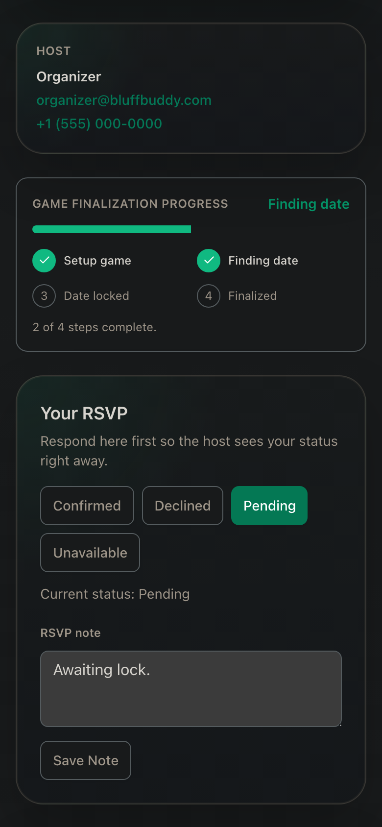 Mobile guest portal RSVP section with pending status, RSVP buttons, and note field.