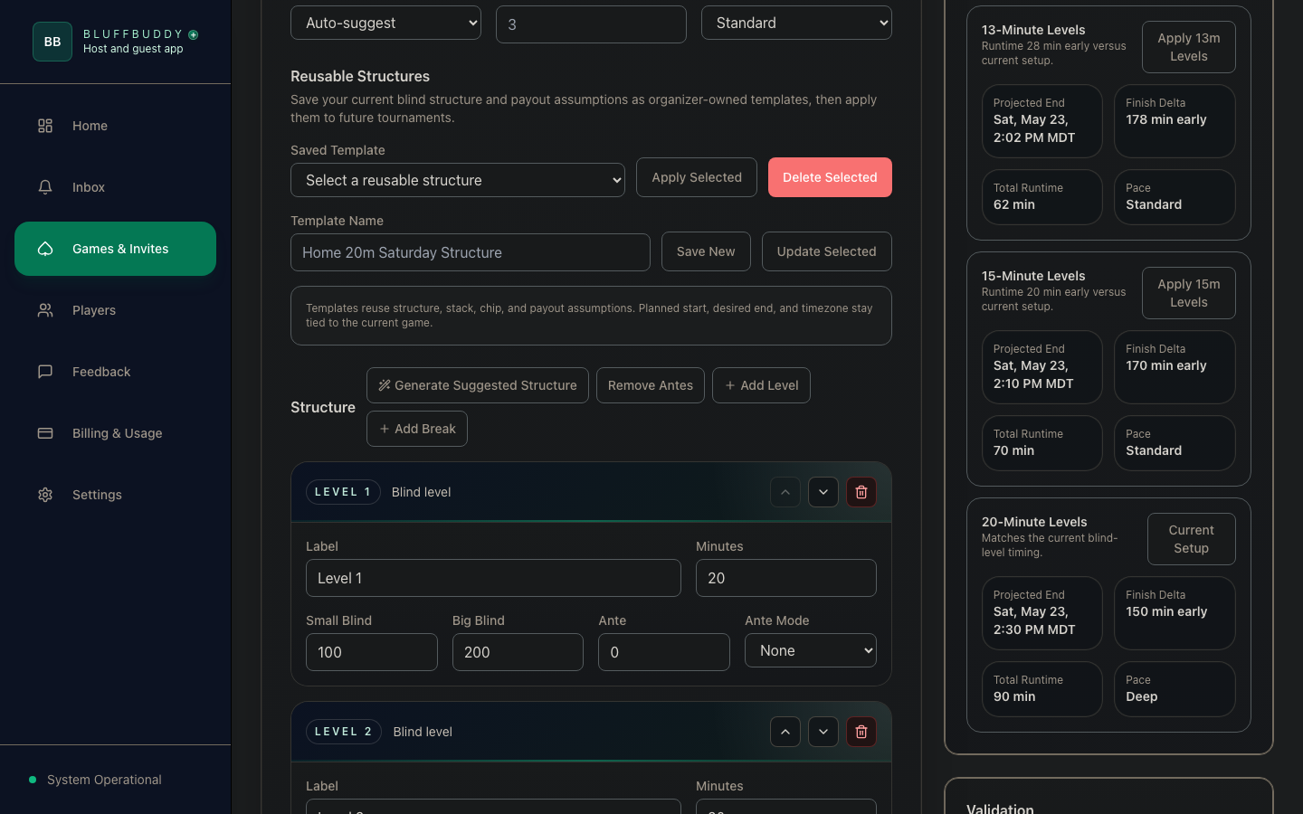 Tournament setup page with generated blind structure controls and structure compare cards.